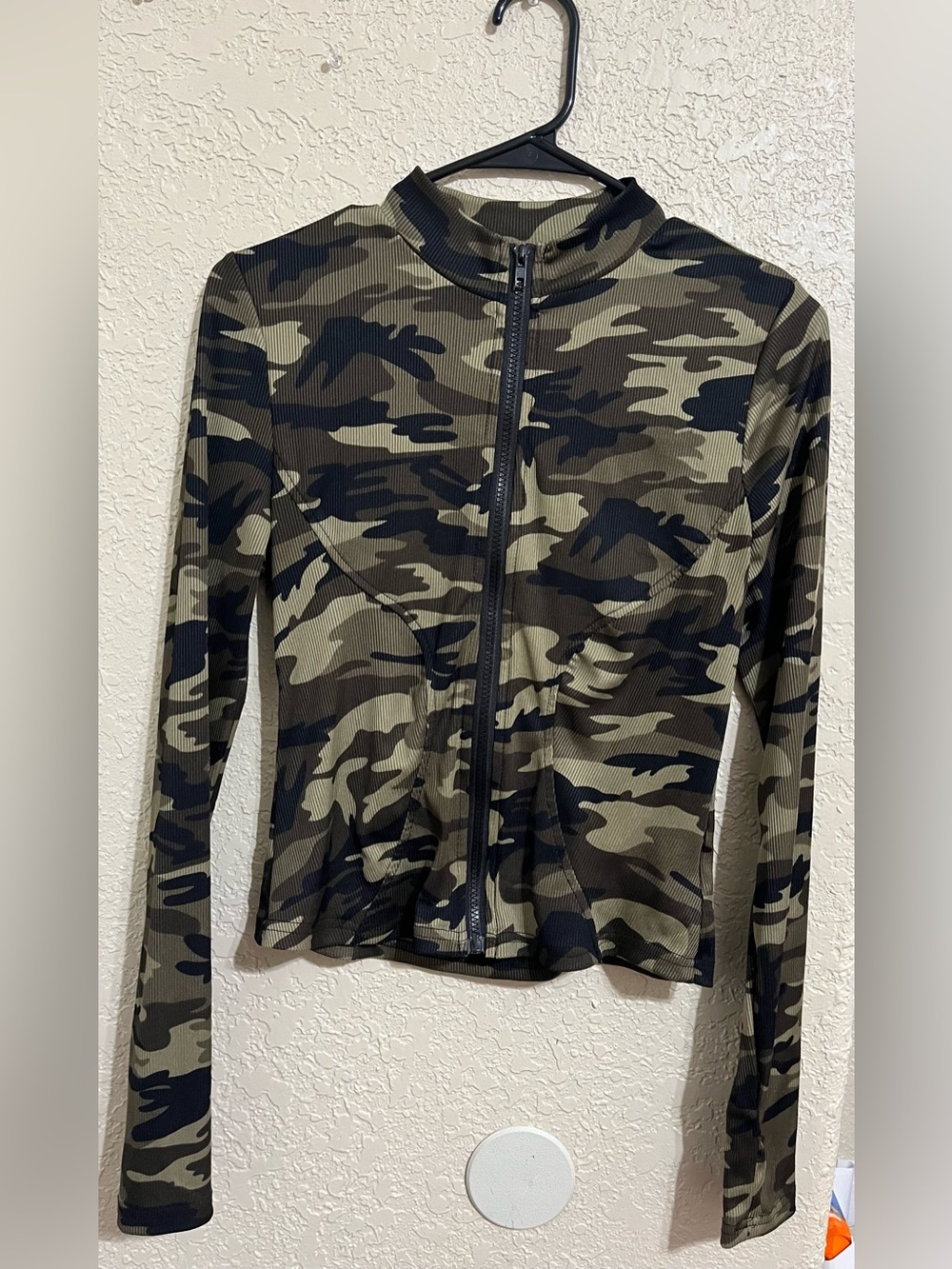 Camo Zip-Front Long Sleeve Top - Olive Camo